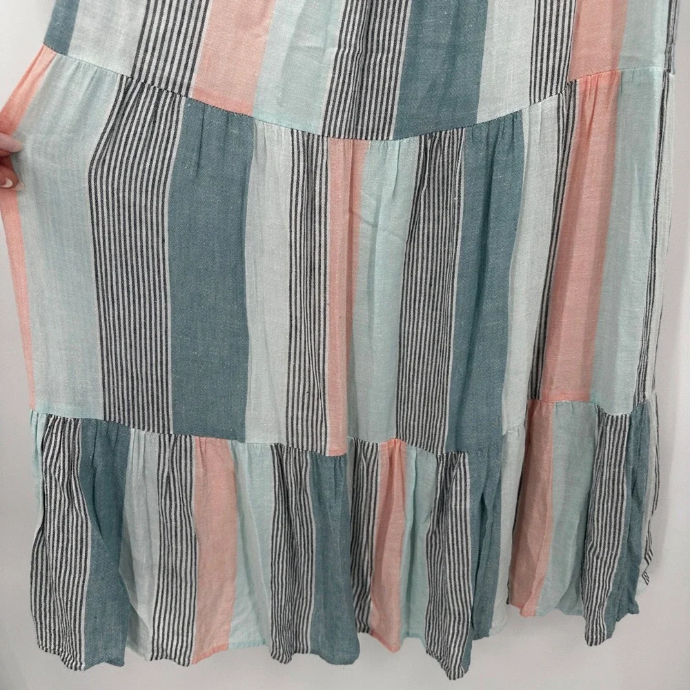 Rails Adora Highland Stripe Tiered Linen Blend Maxi Dress Medium Coral Teal Boho - Picture 3 of 11
